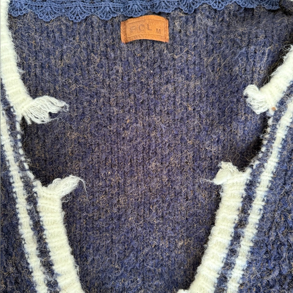 POL Navy and Cream Distressed Varsity Cardigan - Picture 5 of 11